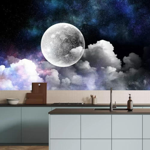 Papier peint  Pleine lune sur fond de ciel étoilé nuageux