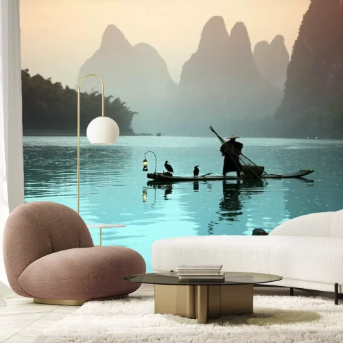 Papier peint  Homme de pêche chinois avec des oiseaux cormorans