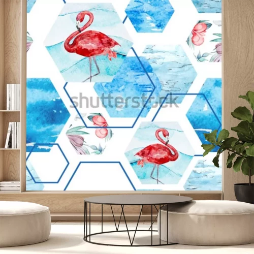 Sticker  Modèle sans couture d'été abstraite. Aquarelle de rose flamant, feuilles. fond dans un style minimaliste. Illustration tropicale peinte à la main