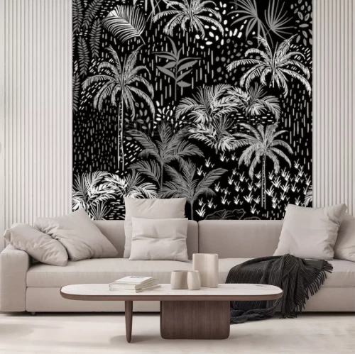 Papier peint  Plantes tropicales blanches sur fond noir