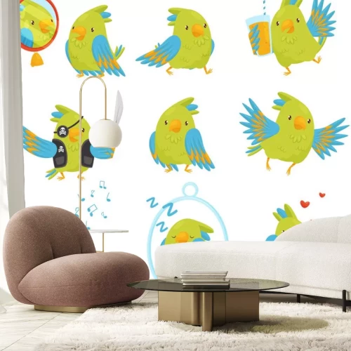 Sticker  Ensemble de vecteur plat de perroquet dans différentes situations. Oiseau mignon avec des plumes vertes et bleues vives. Personnage de dessin animé drôle