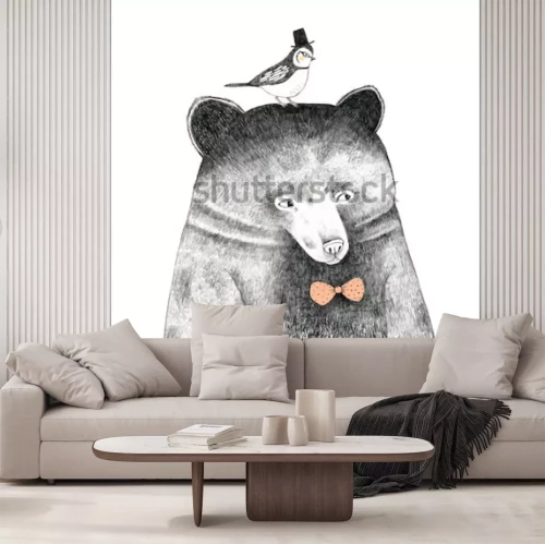 Sticker  ours avec un oiseau sur la tête - dessin au crayon