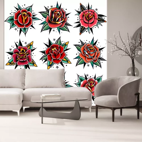 Sticker  old school tattoo roses rouges avec jeu de feuilles