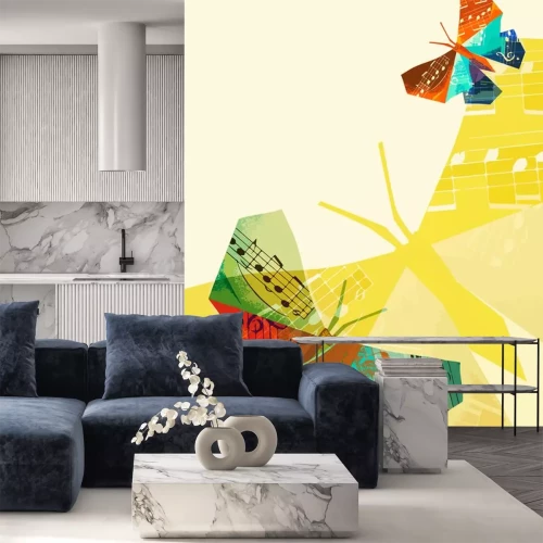 Sticker  Papillon en origami avec des notes de musique. Illustration de fond coloré avec des papillons en origami avec des notes de musique. Concept de musique classique.