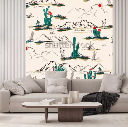 Papier peint  Motif avec désert et cactus