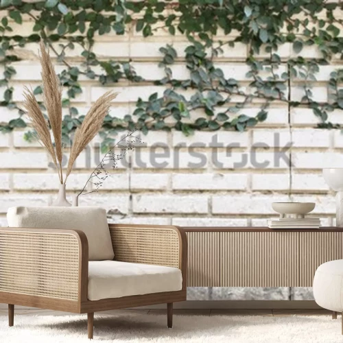 Papier peint  Mur et lierre brique blanche