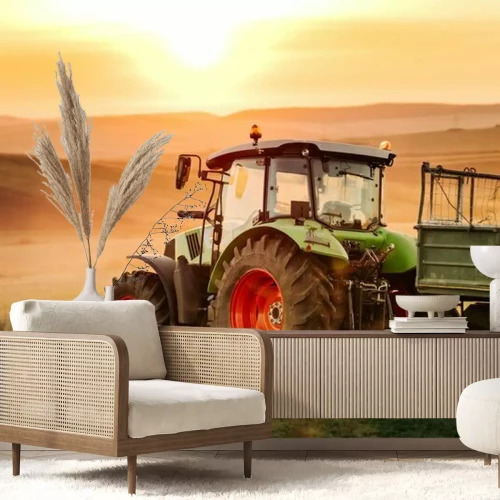 Papier peint  Détails de l'agriculteur travaillant dans les champs avec tracteur sur fond de coucher de soleil. Détails de l'industrie agricole