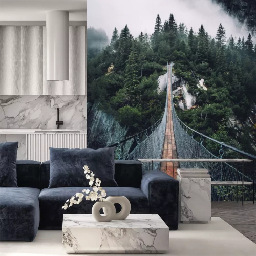 Papier peint  Pont suspendu forêt brumeuse