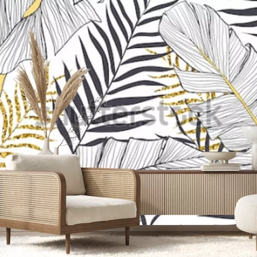 Papier peint  Feuilles glamour noir et blanc