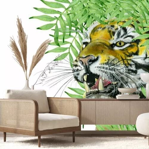 Sticker  Un tigre rugissant parmi la verdure