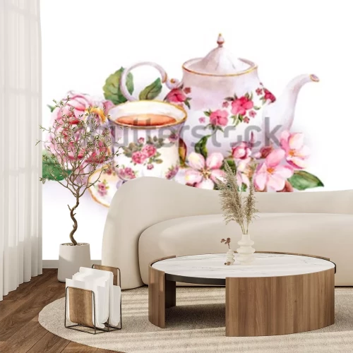 Sticker  Tasse et théière décoratives parmi les fleurs