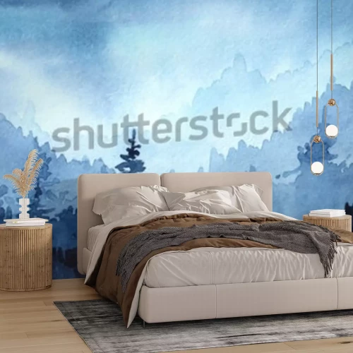 Sticker  Aquarelles illustration dessinée avec forêt d'hiver. Paysage d'hiver avec des arbres de Noël. carte de Noël