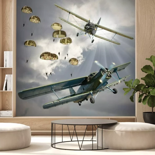 Papier peint  Biplans et parachutistes rétro