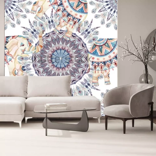 Sticker  Aquarelle ethnique fond de mandala d'éléphant et de plume. Modèle sans couture de plume abstraite avec des éléphants indiens ornés sur fond blanc. Illustration peinte à la main pour boh