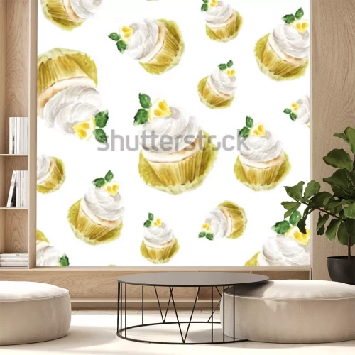 Sticker  Petit gâteau au citron à la menthe, illustration de muffins à l'aquarelle. impression d'art, croquis de mode. boulangerie gâteau sucré fruits citrus.pattern