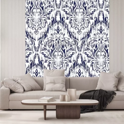 Sticker  Blue Ikat Ogee et Damas ornement motif de fond transparent. Abstrait pour la conception textile, papier peint, textures de surface.