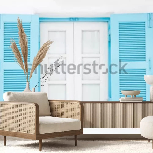 Papier peint  Fenêtre bleue sur un mur blanc