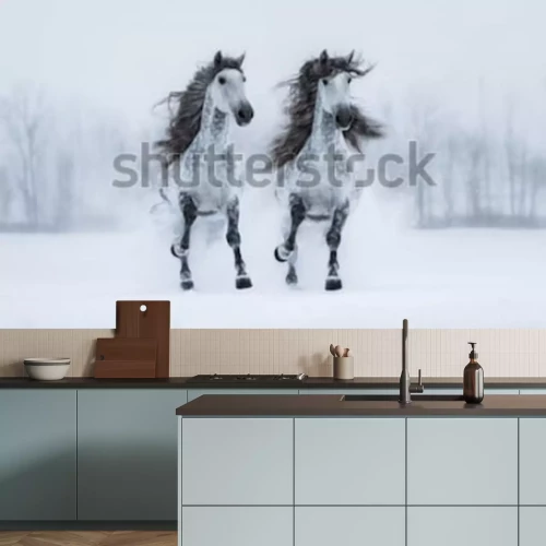 Papier peint  Chevaux gris galopant dans la neige