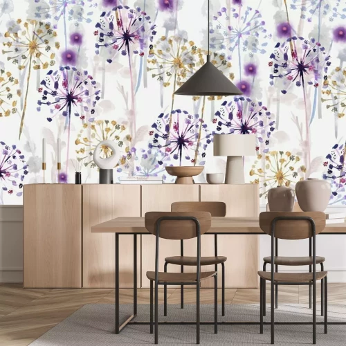 Papier peint  Pissenlits et fleurs aux tons violets et dorés