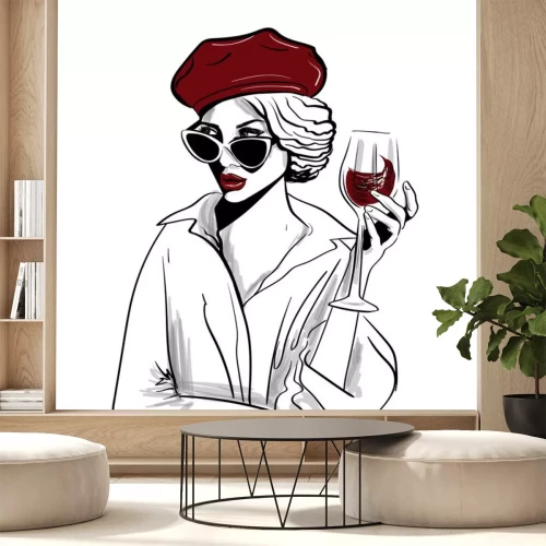 Sticker  femme béret rouge avec verre de vin