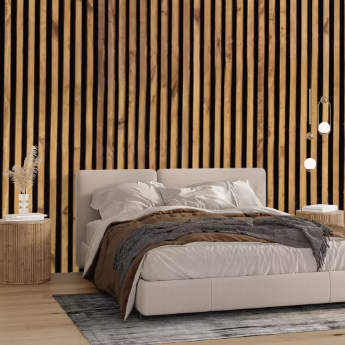 Papier peint  Modèle sans couture de lambris moderne avec des lattes de bois verticales pour le fond. Matière première de latte de bois brun naturel.