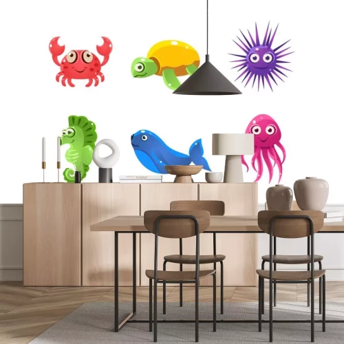 Sticker  Ensemble de créatures marines de dessin animé avec des grimaces. Animaux marins. Vecteur plat pour jeu mobile de livre pour enfants
