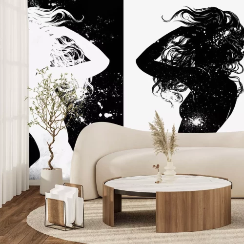 Sticker  Danser seul dans l'univers. Une jeune fille nue aux cheveux longs danse contre les étoiles et les galaxies. Main numérique