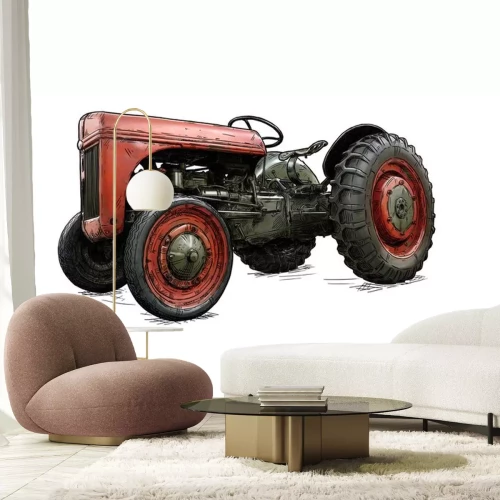 Sticker  Ancienne illustration de tracteur rouge vintage en style cartoon ou bande dessinée. Le tracteur a été fabriqué à Dearborn, dans le Michigan, aux États-Unis ou aux États-Unis de 1939 à 1942 ou de 30 à 