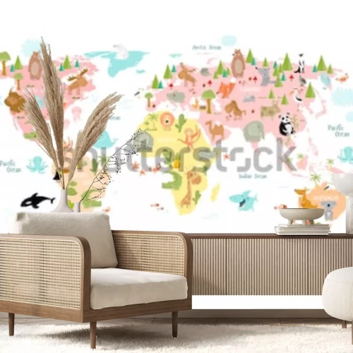 Papier peint  Mappemonde illustrée avec continents et animaux