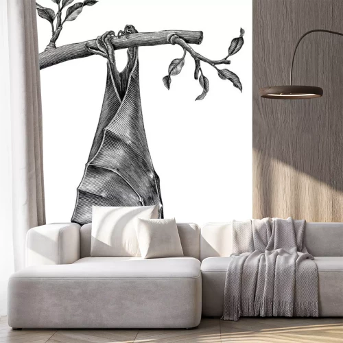 Sticker  Dessin noir et blanc avec une chauve-souris suspendue