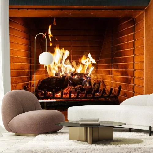 Papier peint  Bois en feu dans la cheminée imitation de foyer