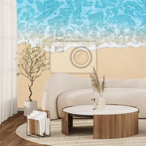 Papier peint  Belle plage de sable fin et douce vague de l'océan bleu