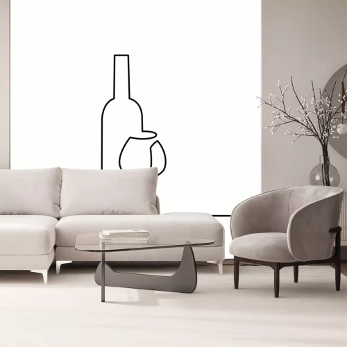 Sticker  Icône de vecteur de contour de verre à vin. Une ligne continue a tracé une bouteille de vin et un verre.