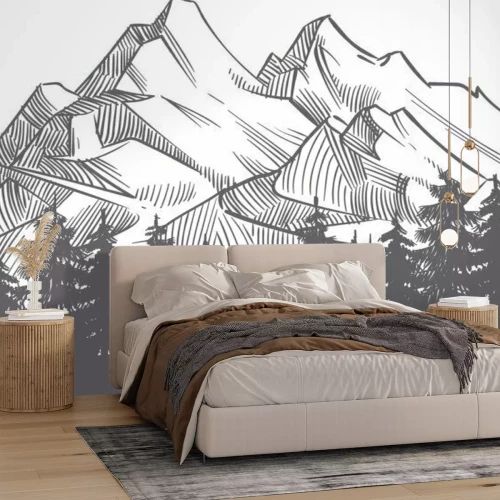 Sticker  Dessin forêt noir et blanc sur fond de montagnes