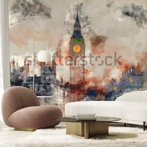 Papier peint  Londres aquarelle avec Big Ben et Parlement