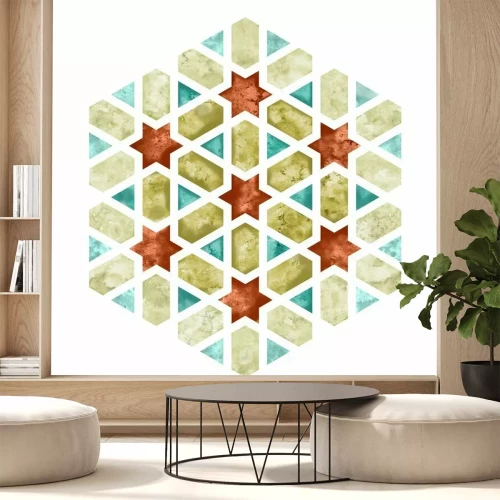 Sticker  Élément de tuile aquarelle Arabesque. Emblème de géométrie hexagonale ou signe avec bord pâle pour la conception de vêtements et de sacs