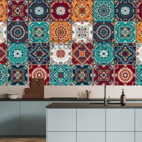 Sticker  Modèle Talavera. Patchwork Inde. Azulejos portugal. Ornement turc. Mosaïque de tuile marocaine. Vaisselle en céramique, imprimé folklorique. Poterie espagnole. L'origine ethnique. Papier peint m