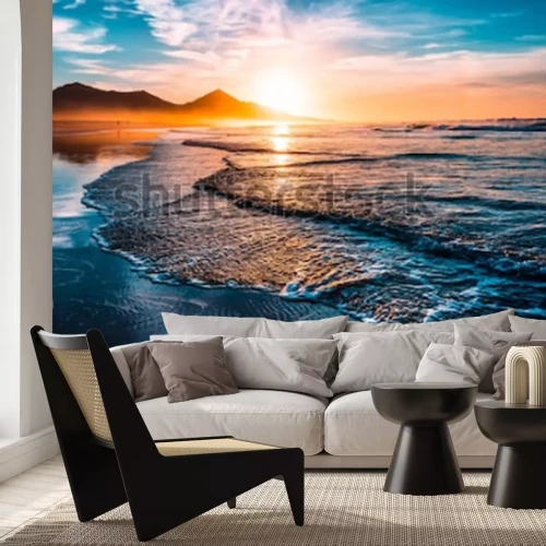 Papier peint  Mer et vagues en 3D au coucher du soleil