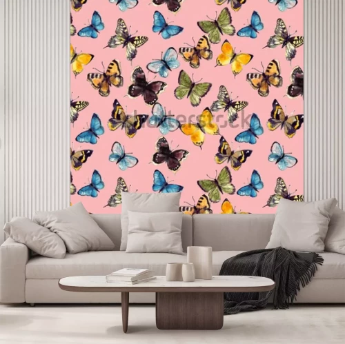 Sticker  Papillons multicolores sur fond rose