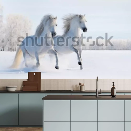 Papier peint  Chevaux blancs dans la neige