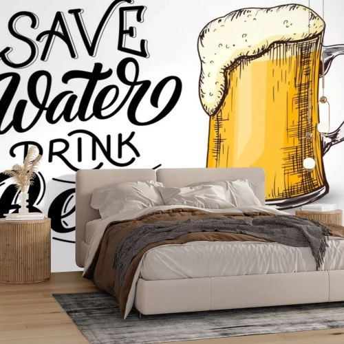 Sticker  Enregistrer l'eau potable bière lettrage à la main, calligraphie vintage, écriture de brosse sur fond blanc avec croquis de mug brouillon. Illustration de boisson de vecteur.
