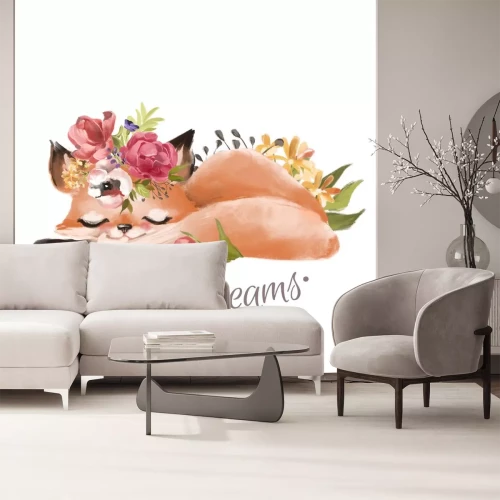 Sticker  Renard princesse bébé dessiné main mignon avec couronne florale, bouquet, fleurs