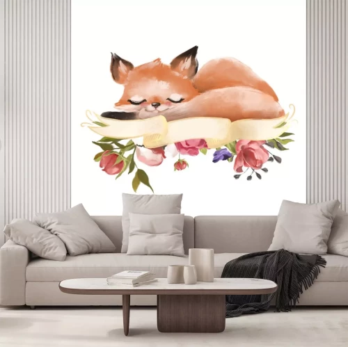 Sticker  Renard princesse bébé dessiné main mignon avec couronne florale, bouquet, fleurs et sarcelle