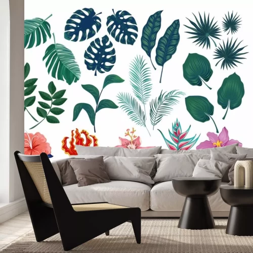 Sticker  Étiquettes et autocollants tropicaux mignons. Ensemble d'été de feuilles et de fleurs. Illustration vectorielle