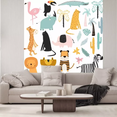 Sticker  Ensemble de dessin animé des animaux et des plantes africaines. Illustration de vecteur dessinés à la main.