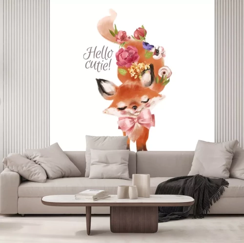 Sticker  Renard princesse bébé dessiné main mignon avec couronne florale, bouquet, fleurs et noeud attaché