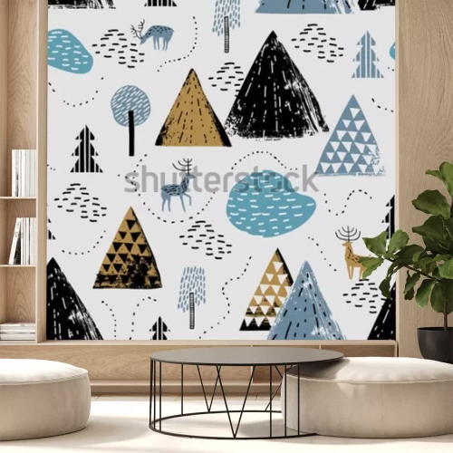 Sticker  Modèle sans couture avec un paysage de montagne, raindeer et forêt. Parfait pour les cartes, les invitations, le papier peint, les bannières, la maternelle, le baby shower, la décoration de chambre d 