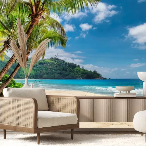 Papier peint  Belle plage de palmiers et de mer turquoise dans l'île de la Jamaïque.