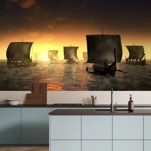 Papier peint  Les Vikings naviguent sur l'eau brumeuse.