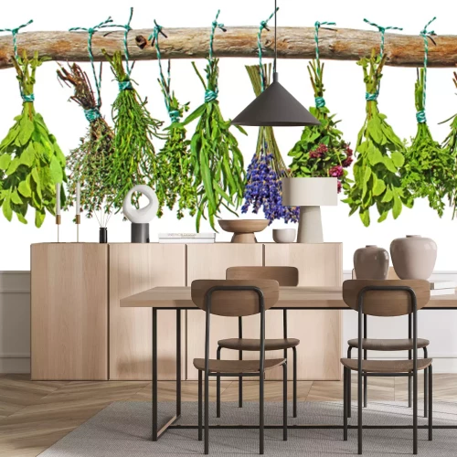 Papier peint  Des bouquets d'herbes accrochés à une branche d'arbre